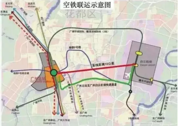 为加快广州北站和广州白云国际机场之间的快速衔接,形成"空铁联运"的图片