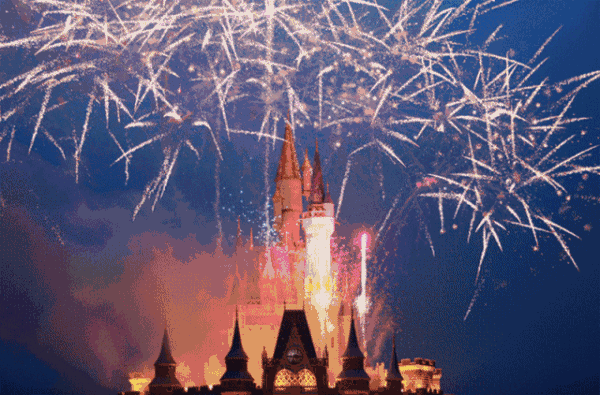 星空之下, 星愿湖的微风,不远处的迪士尼城堡,烟花绽放.
