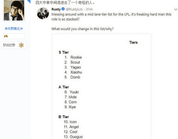 LPL英文解说给中单选手排名,小学弟排名第二