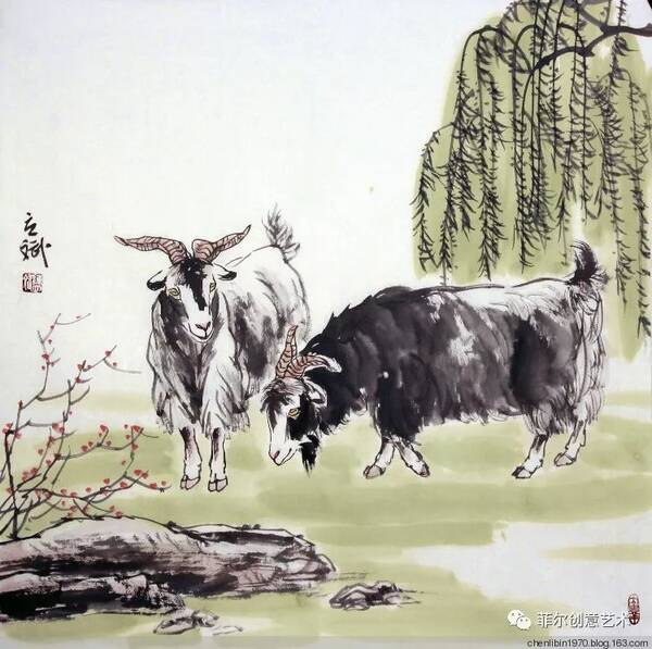 中国画家陈立斌画羊国画作品欣赏