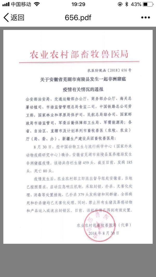 最新消息:安徽省南陵县发生一起非洲猪瘟