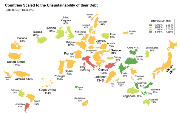 “越大越好”这个谚语通常不适用于这张地图——即每个国家的不可持续债务地图。HowMuch.net网站抽剥出了每个国家所拥有的不可持续债务量。日本在这张地图中名列前茅，其债务对国内生产总值比率达到了230%。希腊紧随其后，为177%。