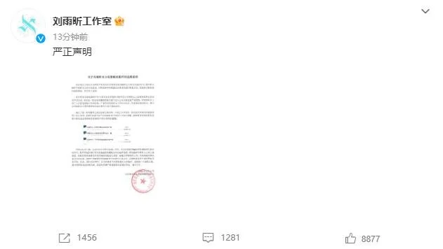 刘雨昕工作室发布名誉维权案件进展说明 将依法追究侵权主体法律责任