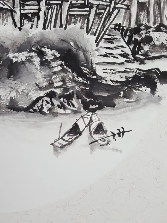 杨胜水墨画《河边的小木屋》细节欣赏