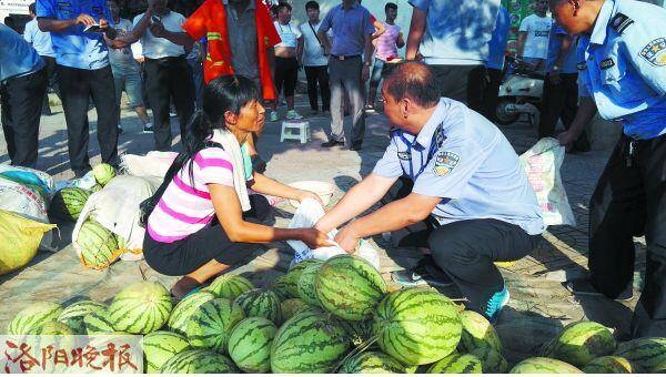 苏青霞(左)和焦利军(右)装西瓜