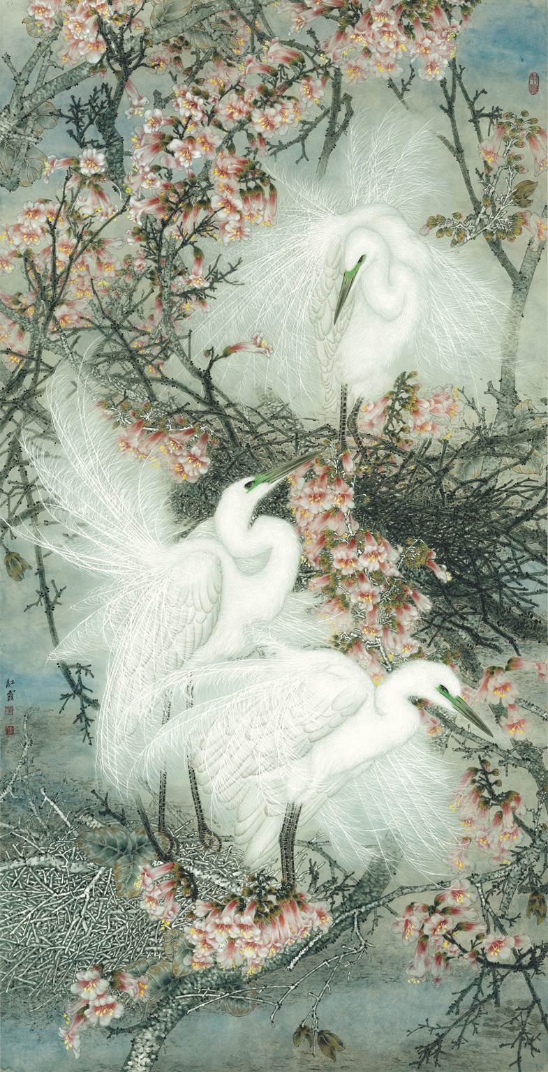 国色华彩齐红霞工笔画作品鉴赏