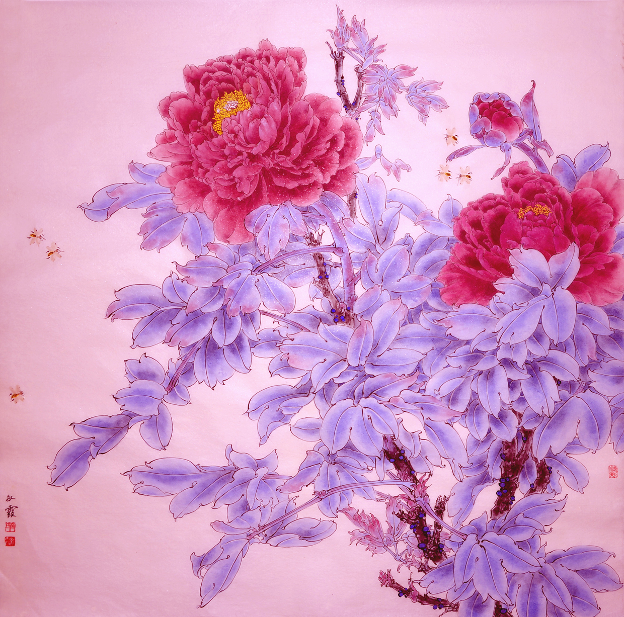 国色华彩齐红霞工笔画作品鉴赏