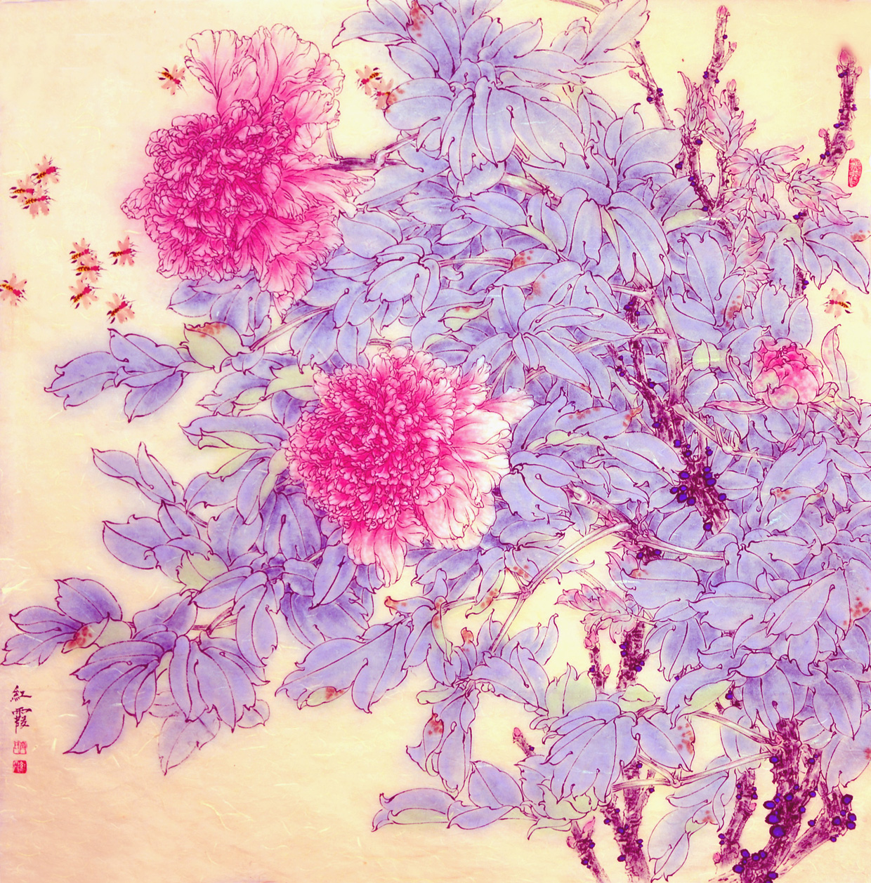 国色华彩齐红霞工笔画作品鉴赏