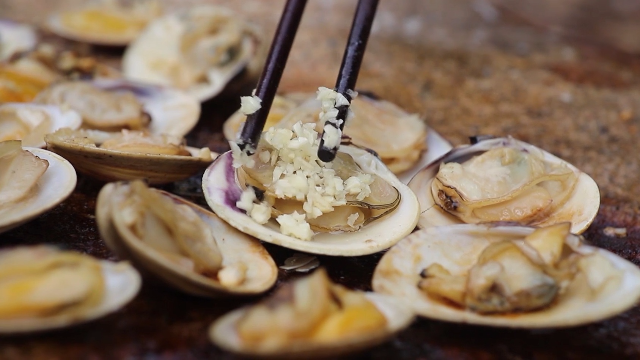 渔家姑娘野外石板上烤贝壳放上蒜蓉味道又鲜又香看完别流口水