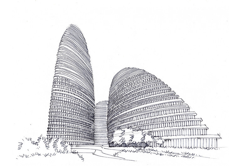 望京soho建筑手绘图带步骤图可临摹带马克昆明手绘培训