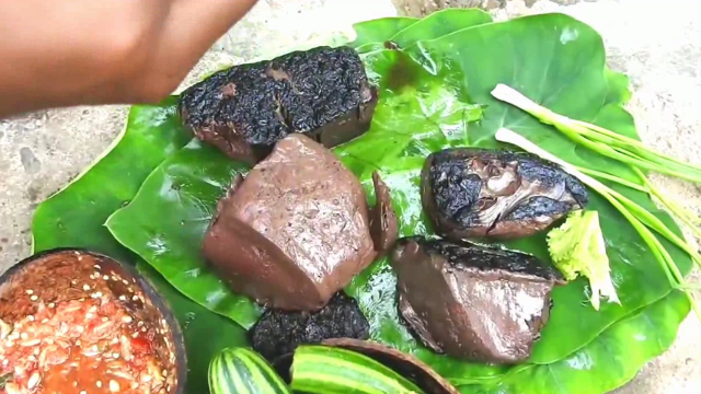 乡野姑娘用石板烤了四五块猪血蘸辣酱吃超爽