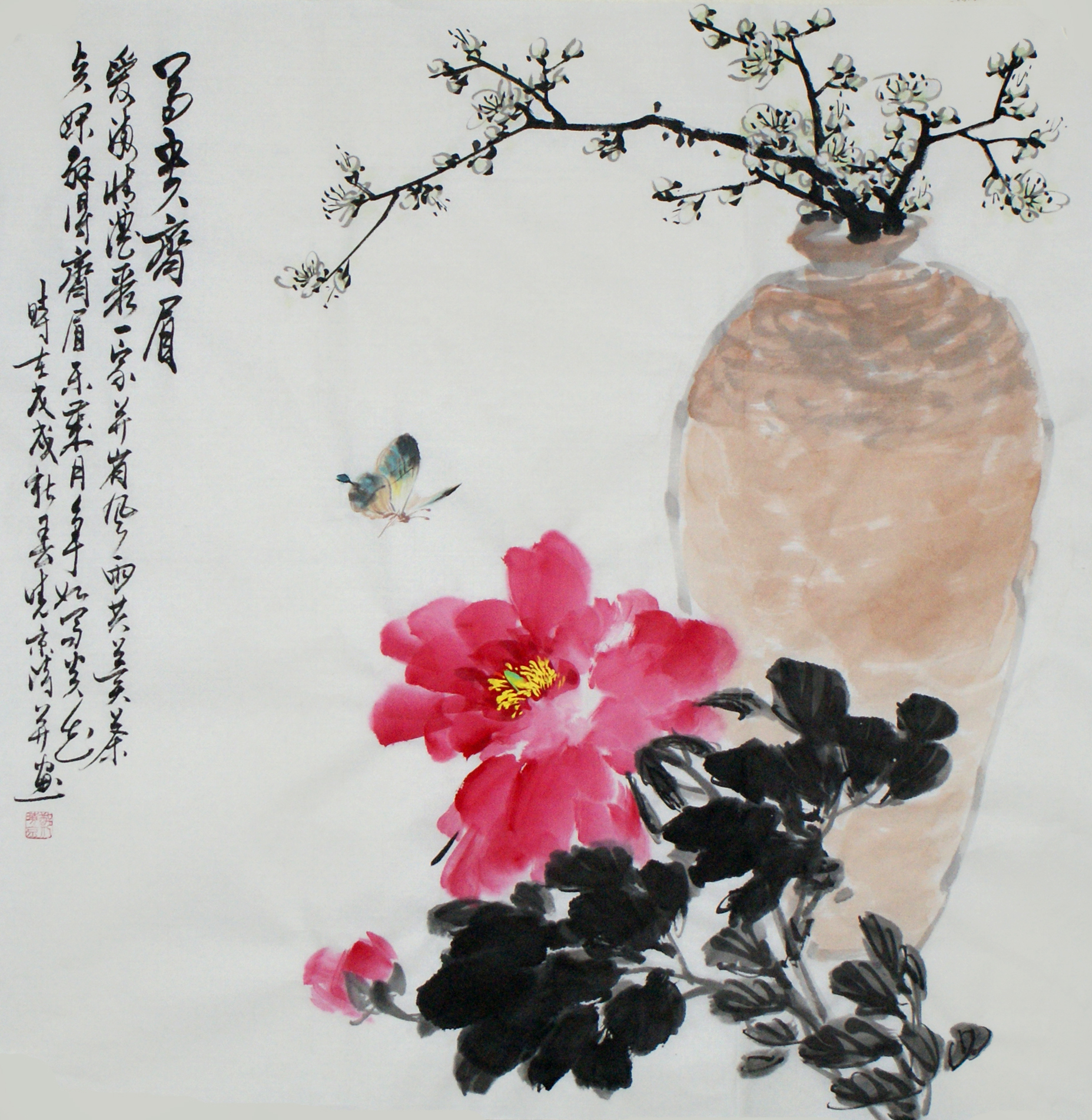 富贵齐眉,画家郑晓京梅花,牡丹国画欣赏