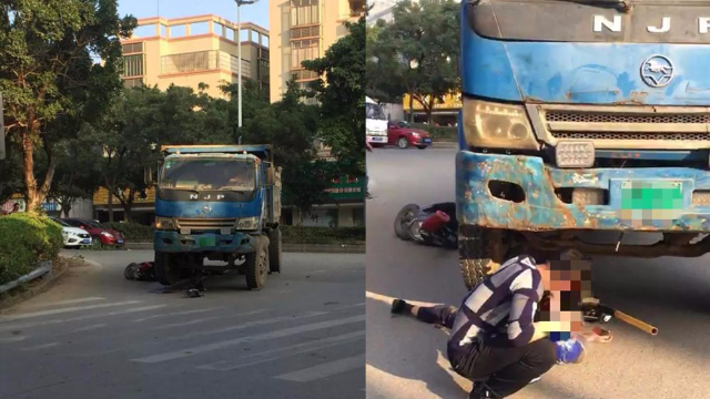 女子骑摩托遭泥头车碾压大腿被压车轮下