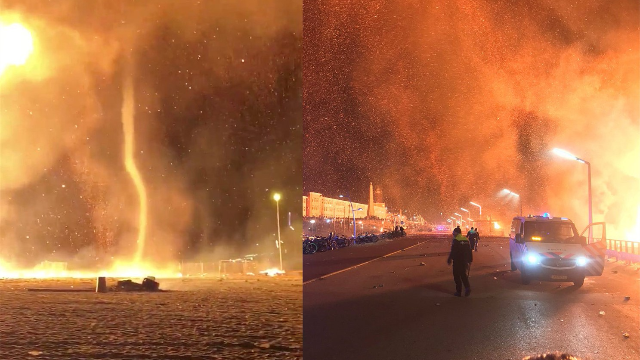 火从天降荷兰海牙新年前夜海滩篝火失控漫天灰烬被吹向民众