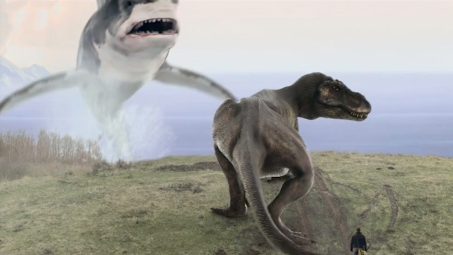 小伙穿越到侏罗纪时期发现恐龙集体跳崖鲨鱼一口一个霸王龙