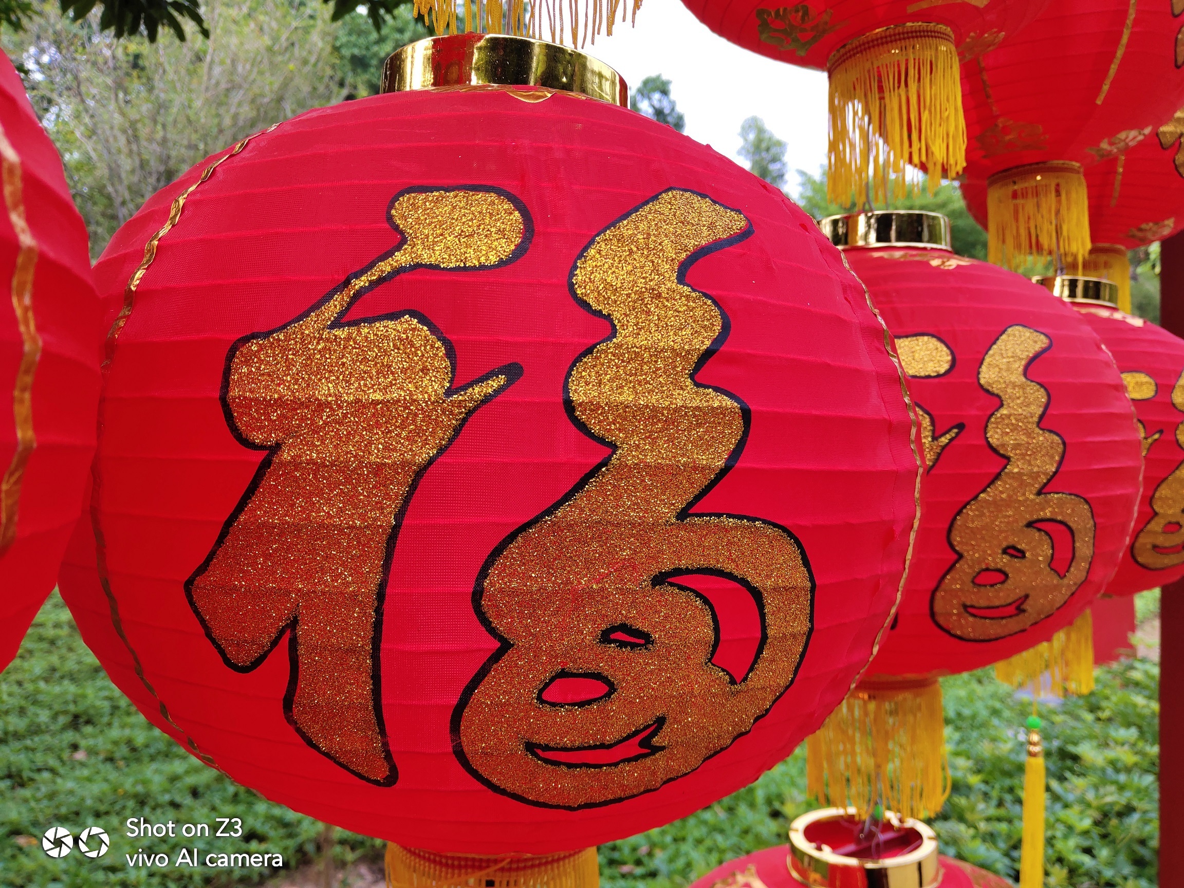 灯笼排列由近及远,灯笼的线条轮廓也展现得非常漂亮,一个个福字金光