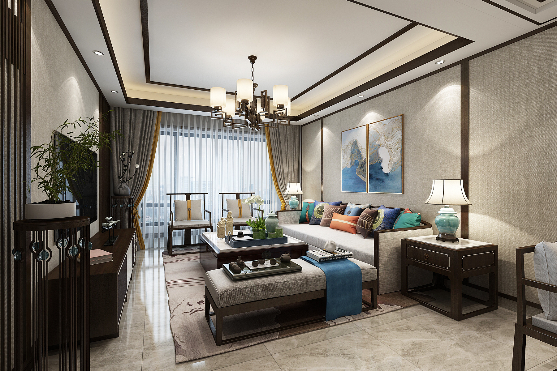 晒晒新方案,山语城123平米,清新淡雅又充满活力的新中式风格