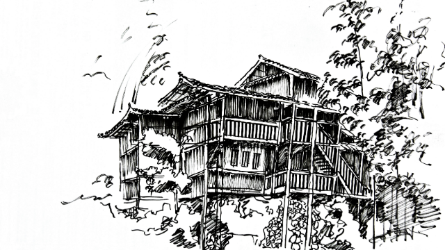 纳西族民居建筑图手绘图片