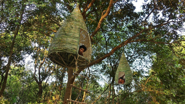 用竹子编个"鸟巢"吊在树上睡觉感觉很不错,赶紧自己学着做一个