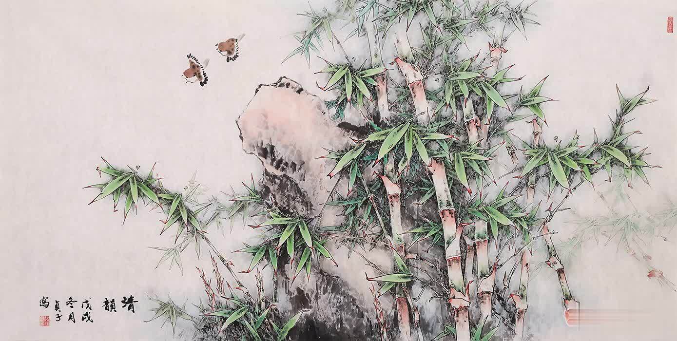 赵俊贞国画竹子图《友石图》
