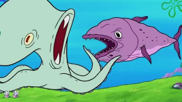 章鱼哥变身巨型章鱼,珊迪逃亡途中还不忘带上变回原形的众人