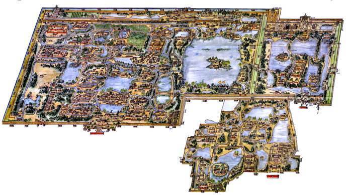 原为清代一座大型皇家园林,占地约5200亩,平面布局呈倒置的品字形