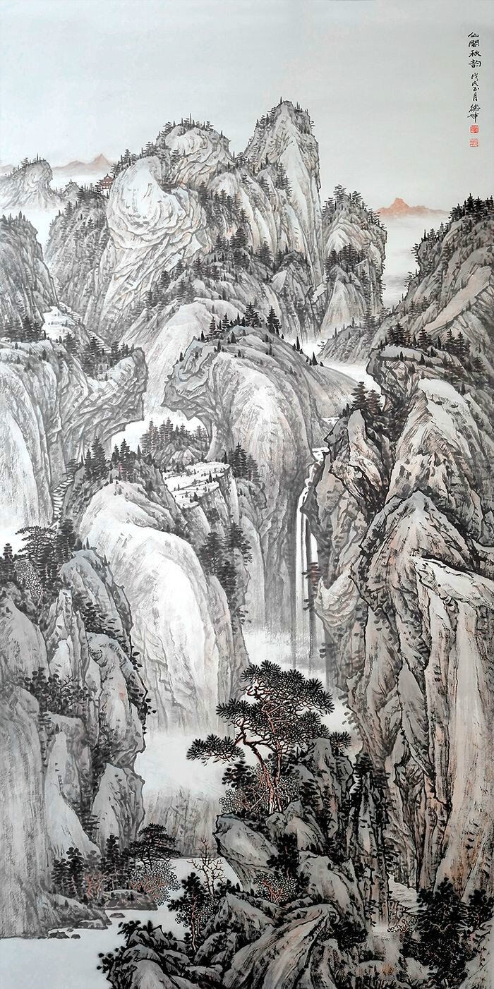 典藏 林德坤六尺竖幅山水画作品《仙阁秋韵》