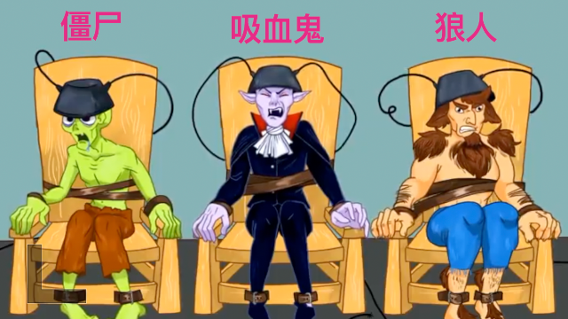 动脑时间把僵尸吸血鬼狼人3个放在电椅上谁先扛不住