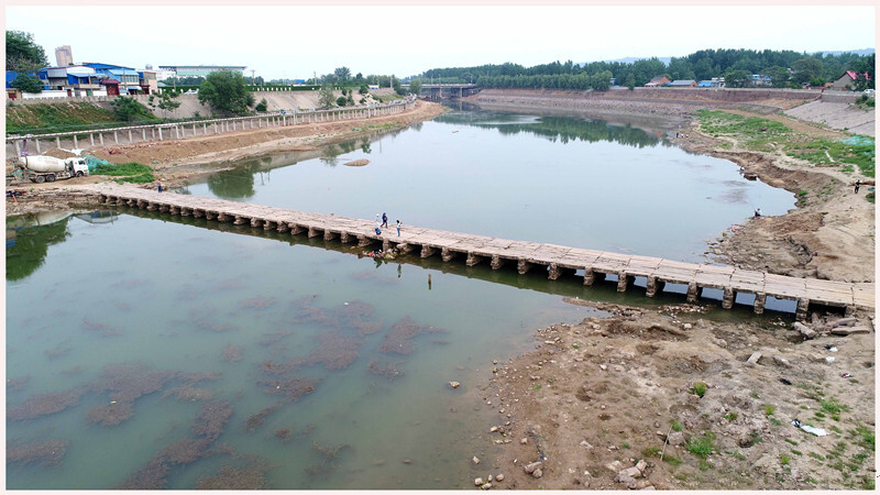 航拍河南襄城汝河开闸放水元末明初汝水虹桥浮出水面