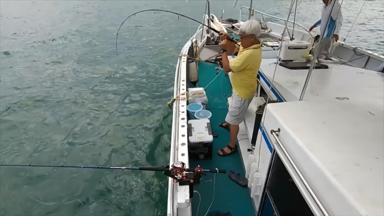 钓鱼人船钓中大金鲳,这鱼竿弯曲弧度,看着过瘾