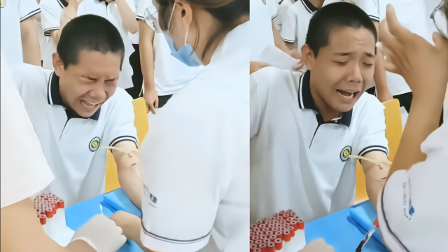 高中男生抽血吓成"表情包" 对着医护人员大喊"我求你了阿姨"