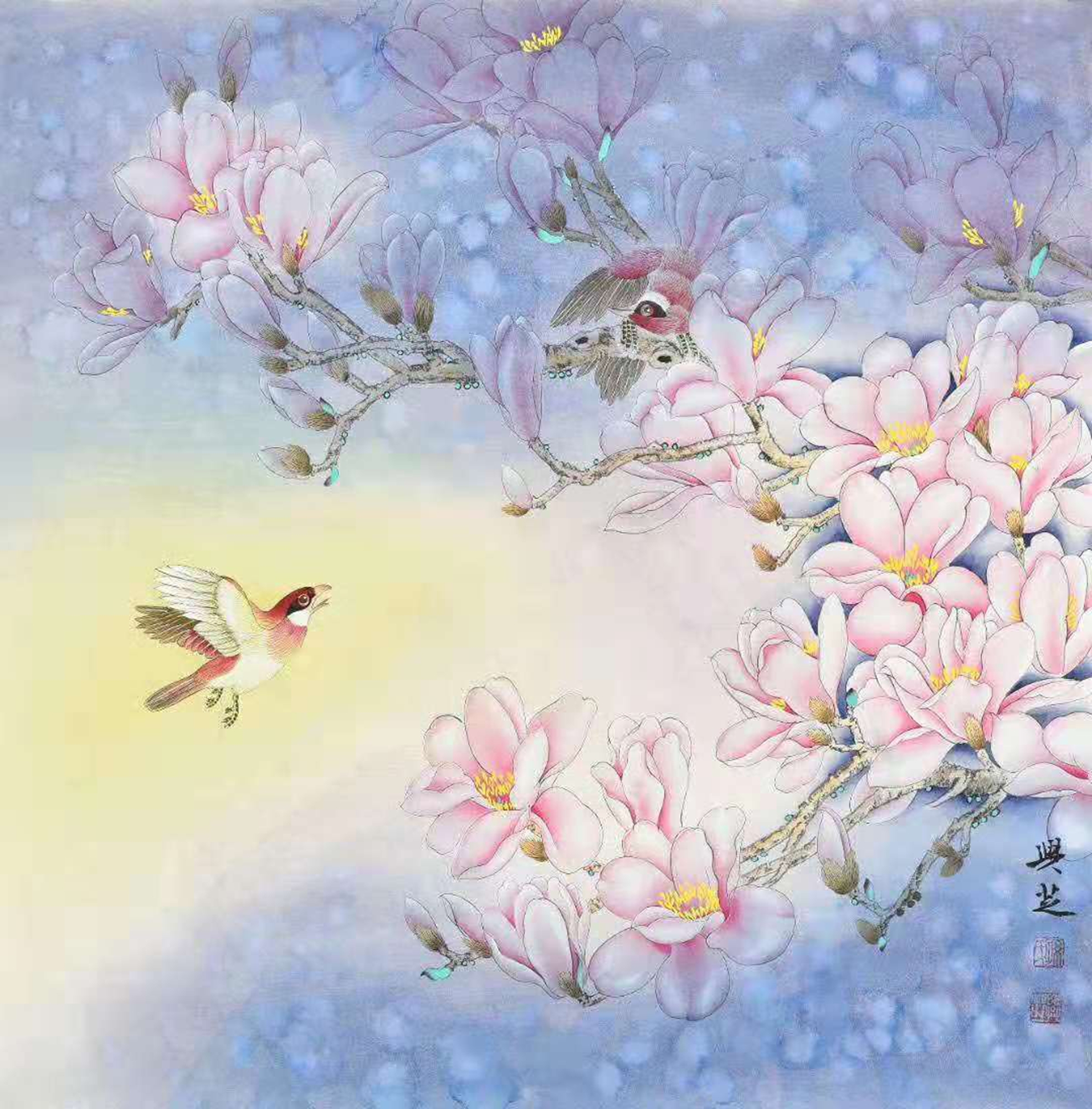 工笔画通常使用毛笔进行绘画,注重线条的表现力,施以淡彩进行渲染