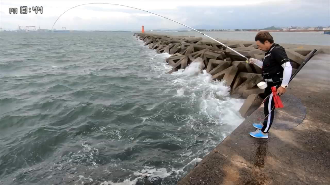 防波堤钓鱼,大风大浪中,钓鱼人收获3条40cm大黑鲷