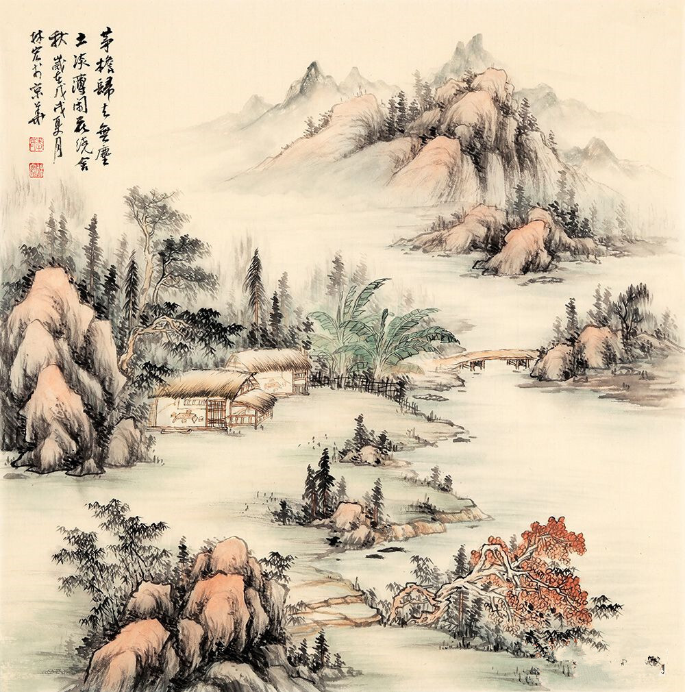 简约典雅斗方山水,手绘国画,居家百搭装饰