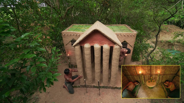 原始技术,两兄弟野外建造泥巴小屋,造型别致还能遮风挡雨