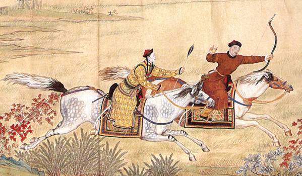 故宫博物馆收藏的一幅《威弧获鹿图》,表现了年届五旬的乾隆飞马骑射