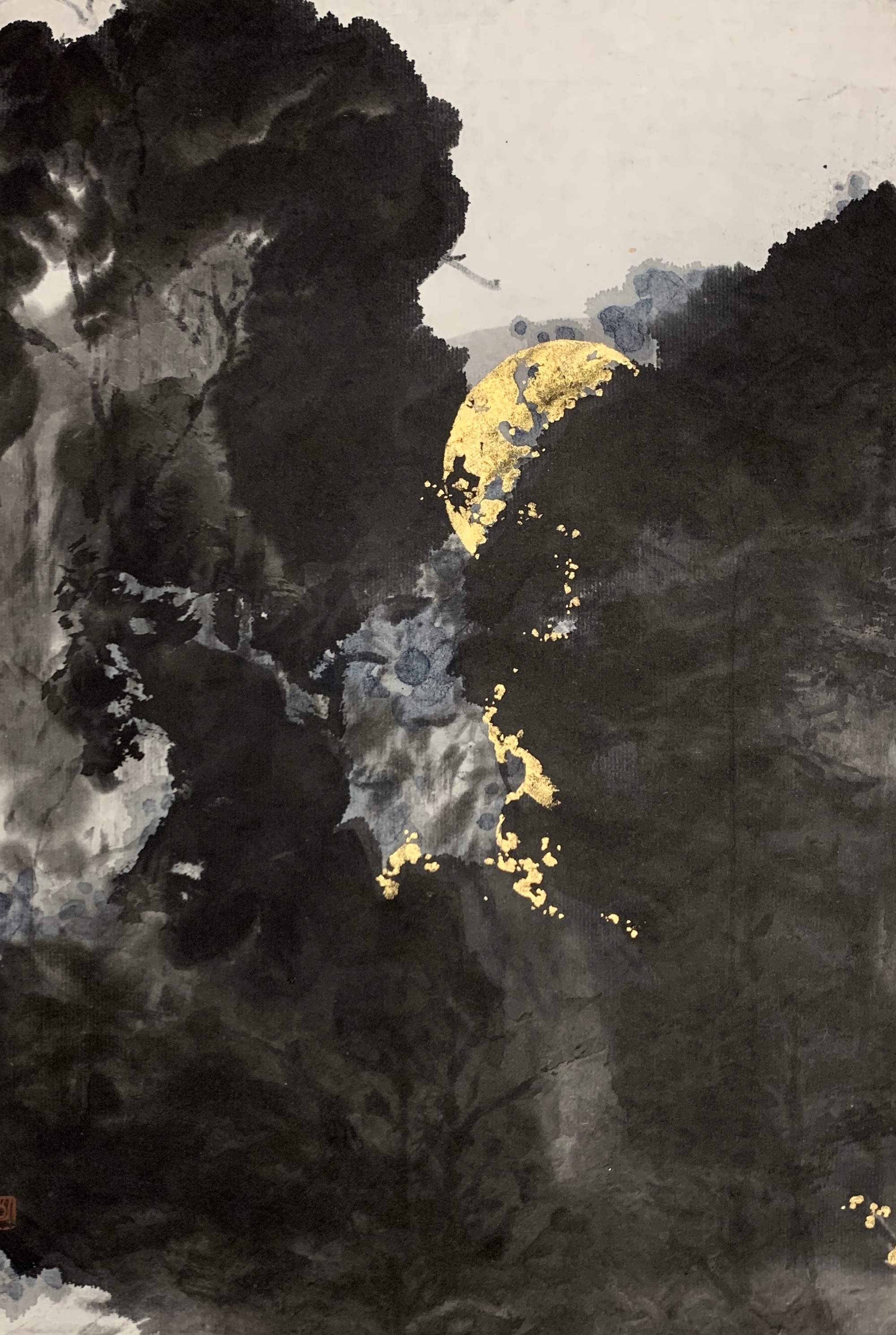 《残月》 33.5cm×23cm 纸本水墨勾金 2019