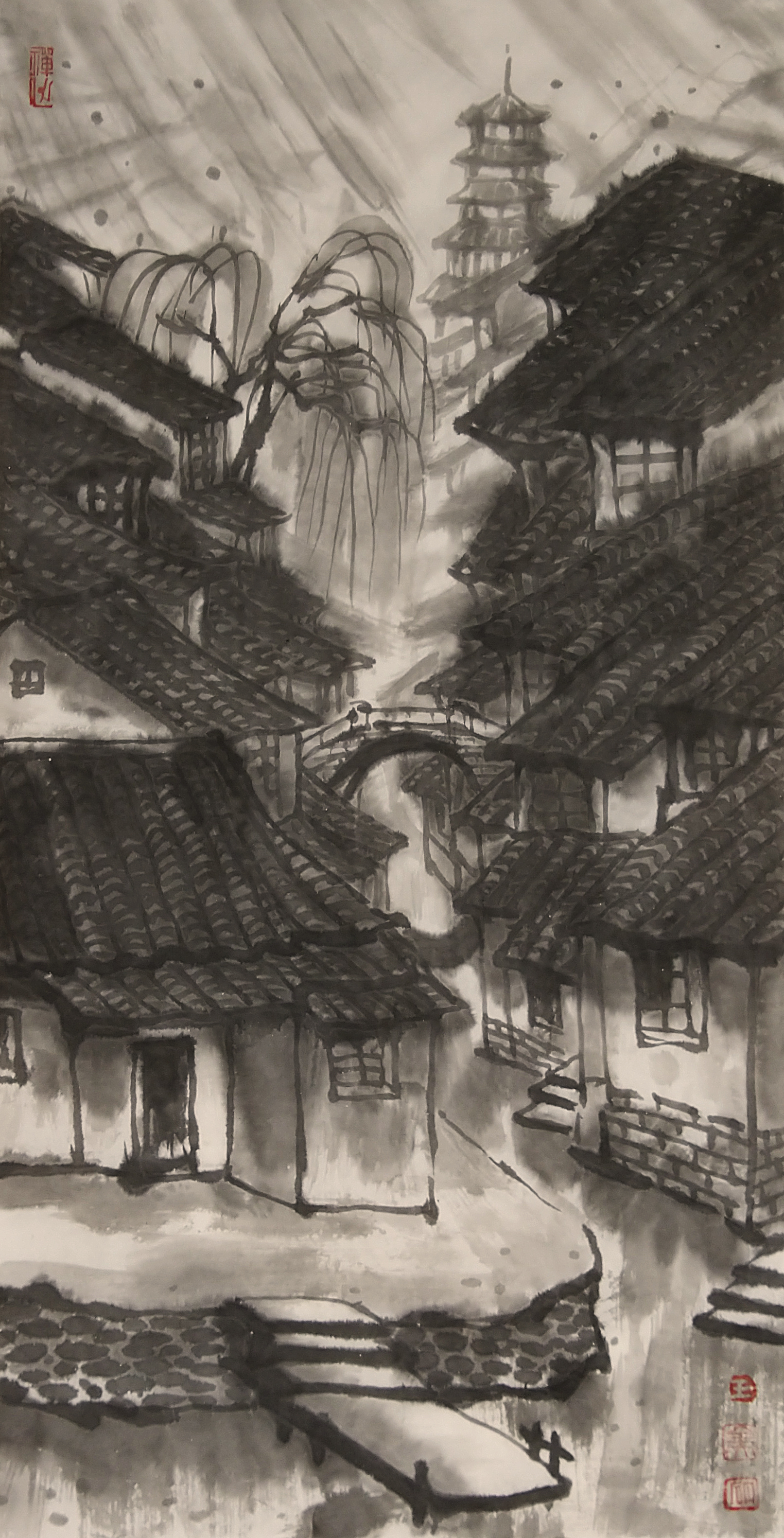王全大水墨写意"烟雨江南运河雪"