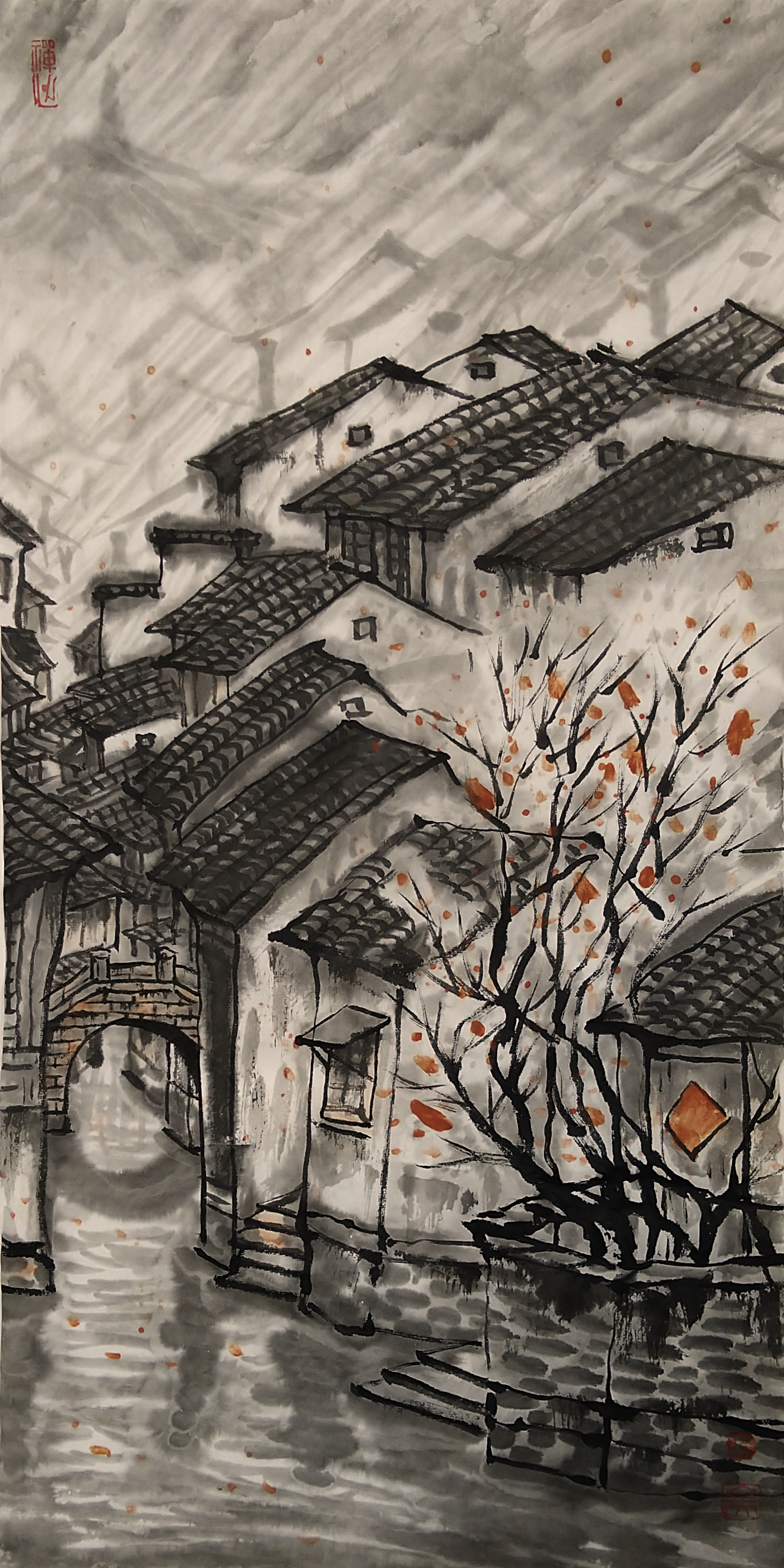 王全大水墨写意"烟雨江南运河雪"