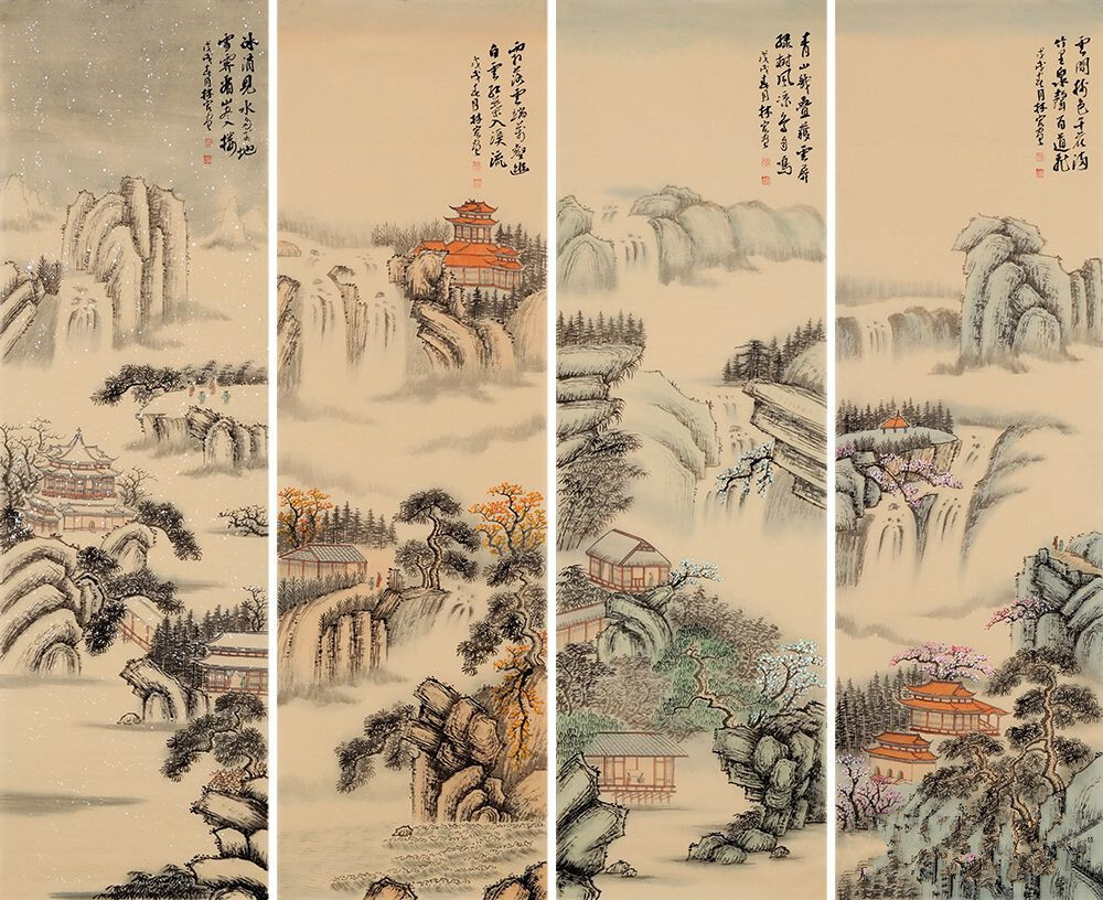 四季仿古画 李林宏新品力作四条屏《春夏秋冬》