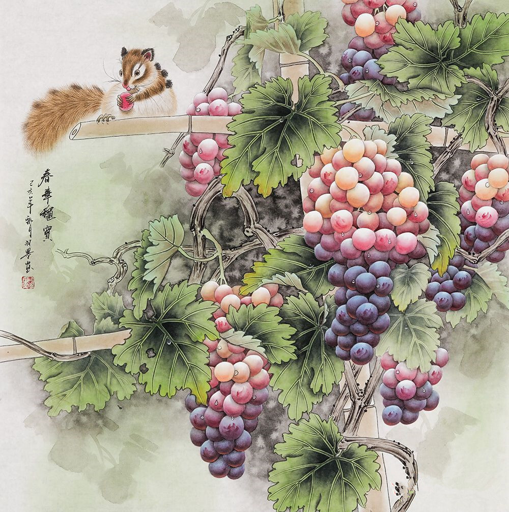 国画葡萄工笔精品:羽墨老师作品《硕果金秋》品赏