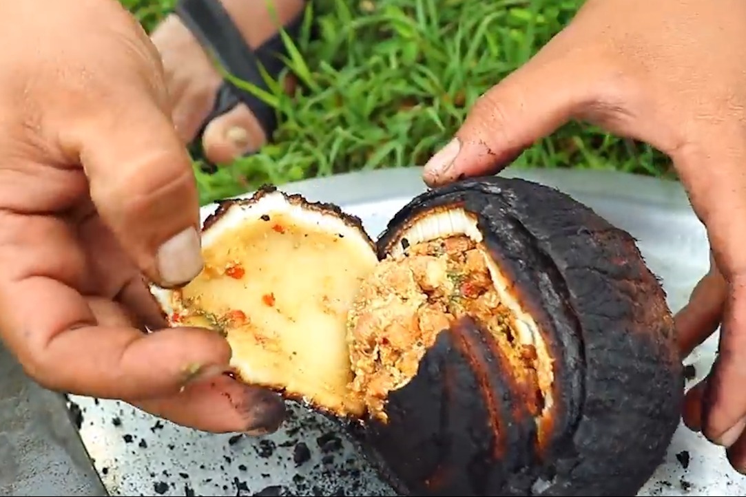 国外乡村美食椰子烤肉把肉塞进椰子中烤熟看着就好吃