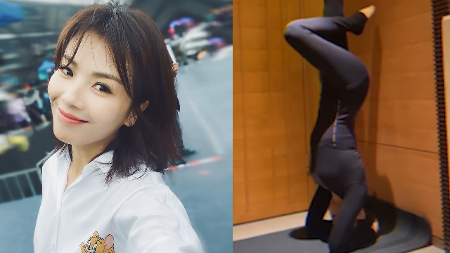 刘涛做高难度手肘倒立动作，穿紧身衣大秀好身材