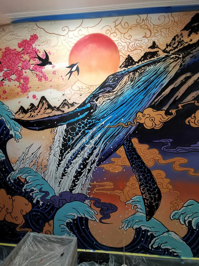 简单3步,用涂鸦墙绘把经典和风浮世绘画在家中背景墙,效果还不错