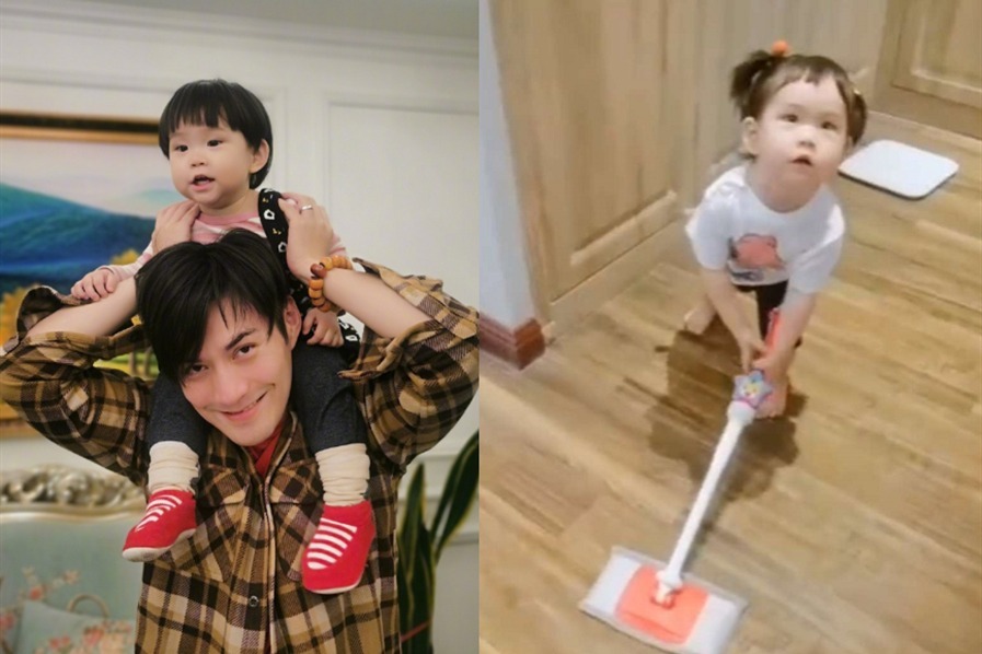 严屹宽晒老婆女儿拖地，不足两岁小肉肉干活超认真，爸爸地位曝光