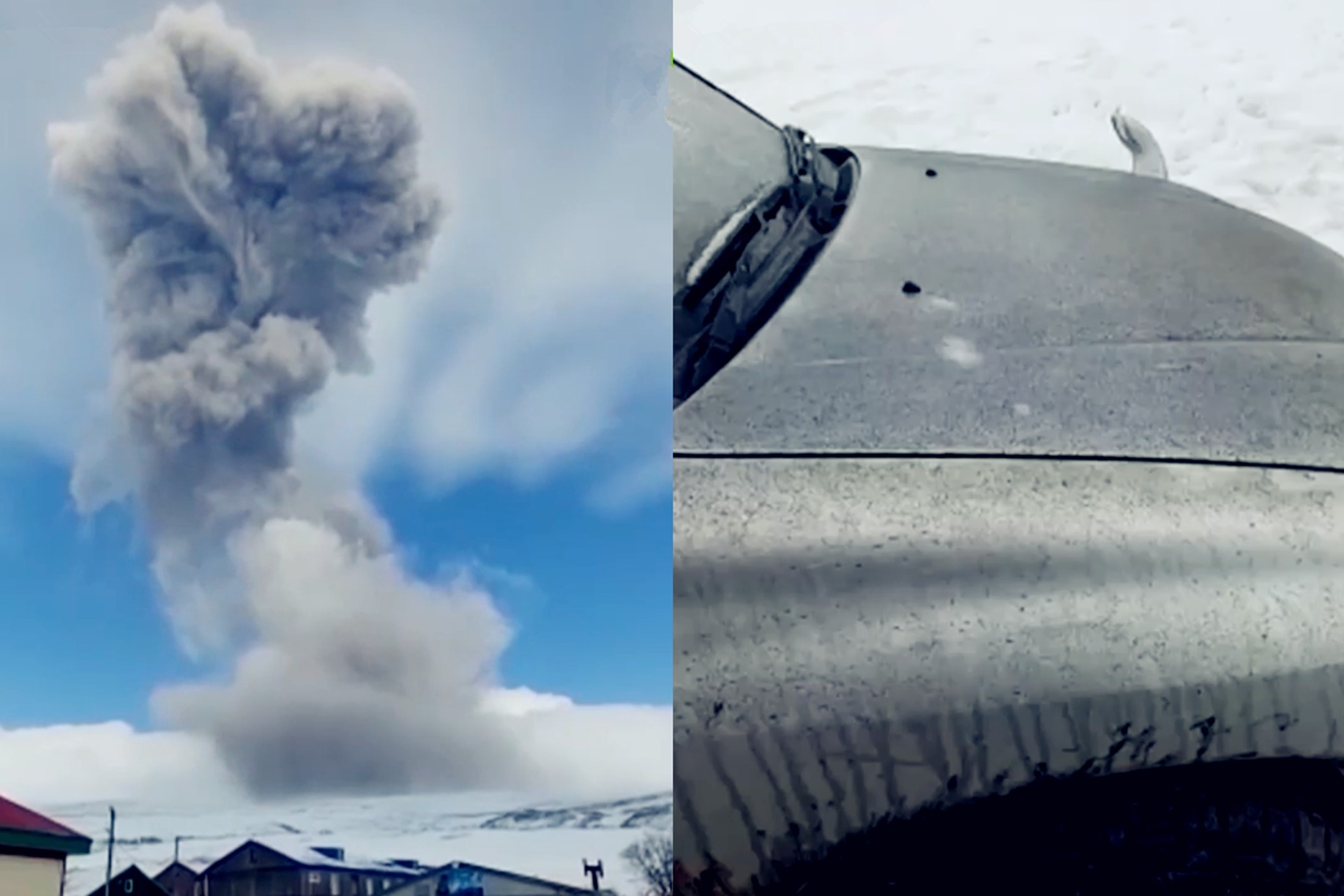 俄罗斯一火山突然爆发 白色烟柱直冲云霄 城镇被火山灰覆盖