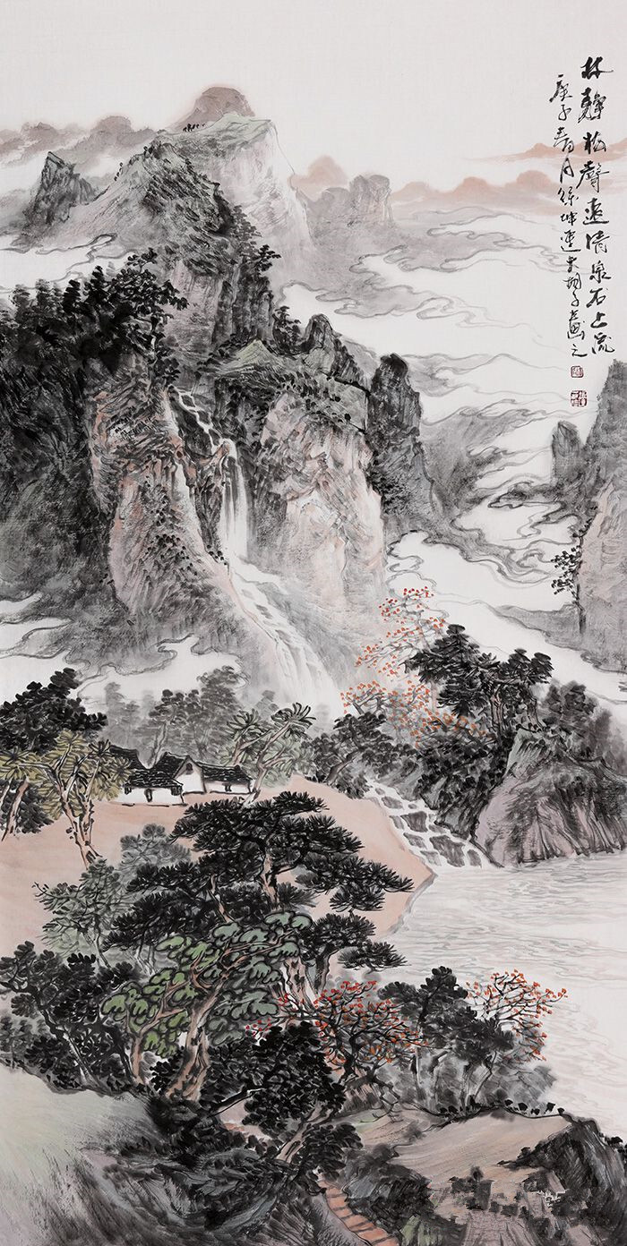 徐坤连最新创作国画山水画作品《林静松声远,清泉石上流》画面中山石