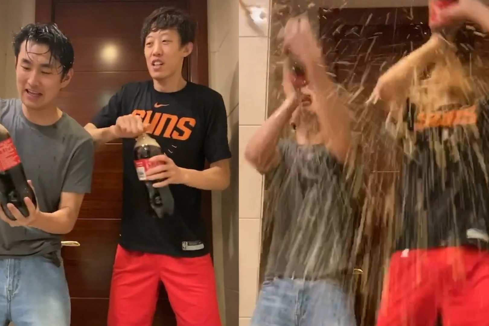爆笑！张国伟王彦霖挑战“龙吸水”，网友：这是可乐浴？