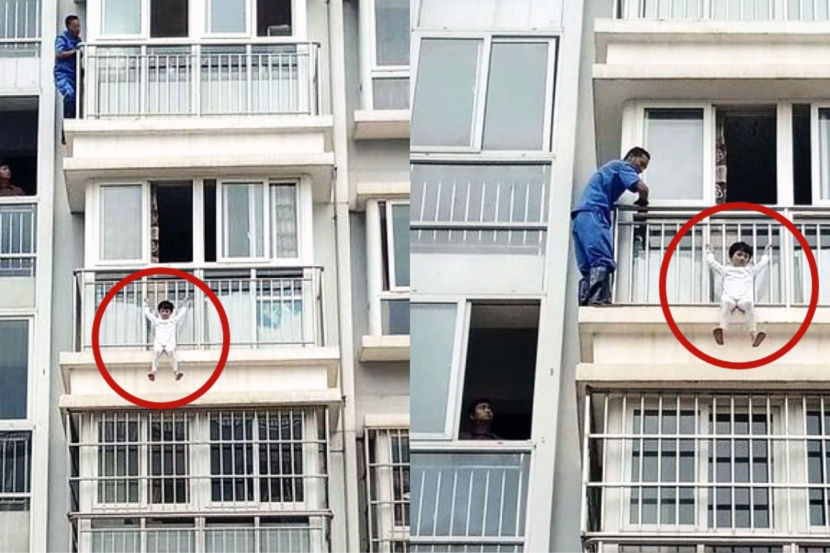 现场：3岁女童翻窗悬空“吊挂”栏杆 市民化身“蜘蛛侠”爬楼救人