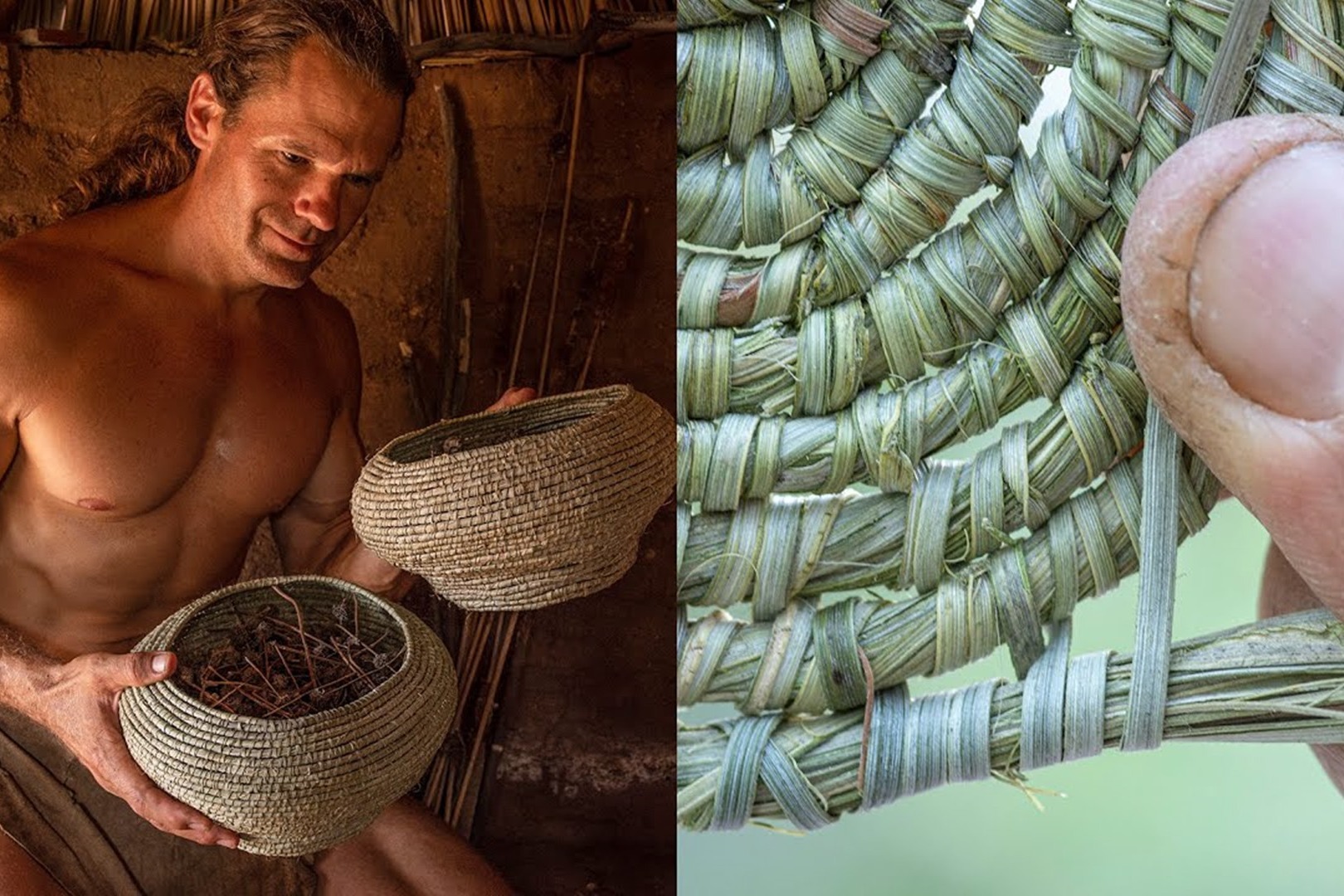 原始技术，肌肉哥用棕榈叶编织小篮子，样貌还是很精美的